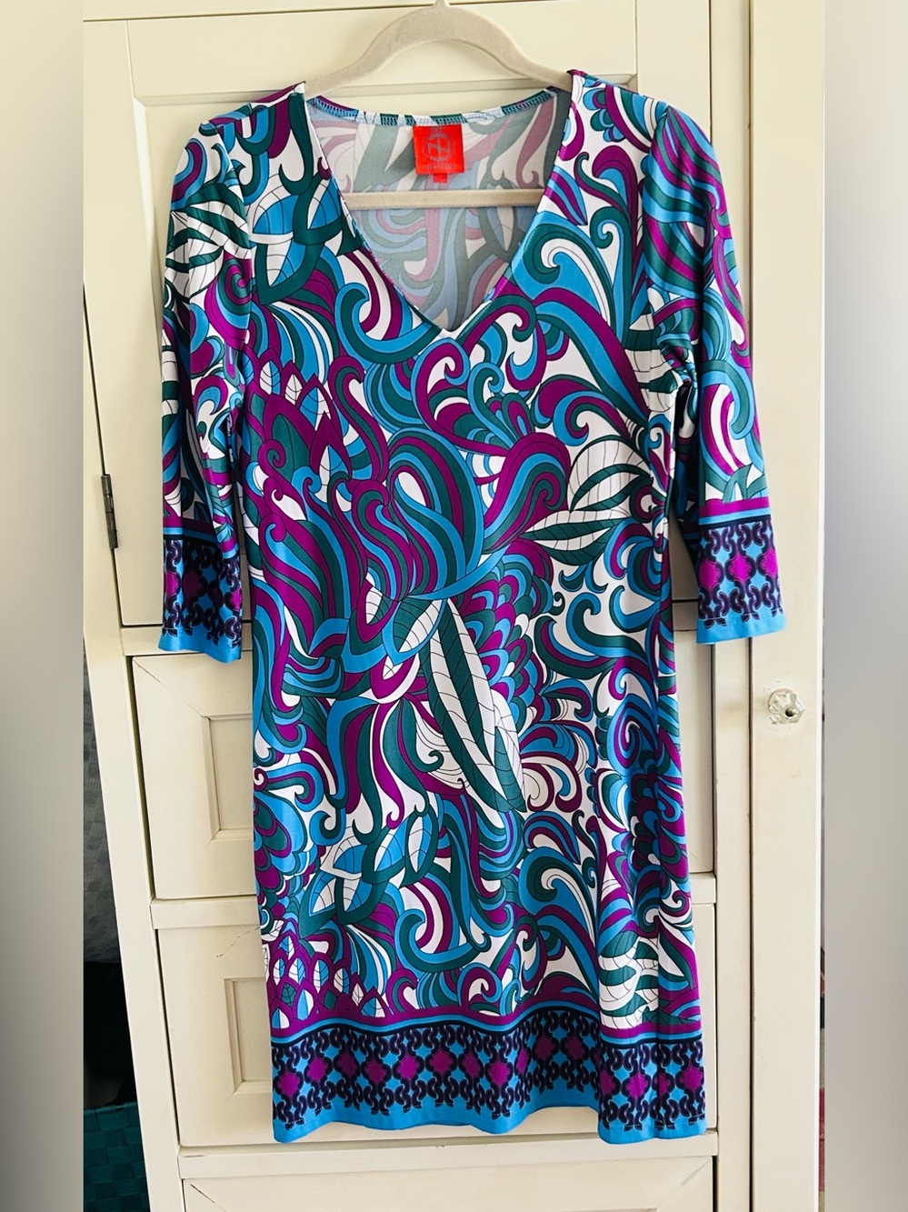 Vibrant Tracy Negoshian Swirl Print V-Neck Dress - Teal, Purple, White